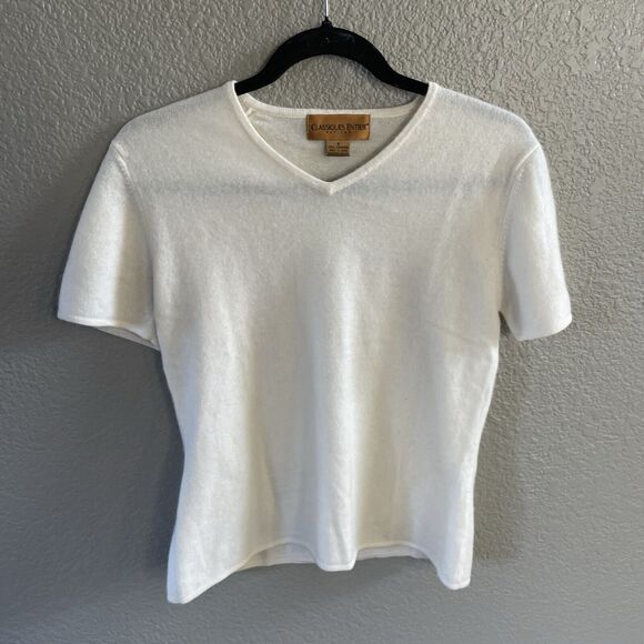 Classiques Entier Sweater Small  Petite Ivory Cashmere Short Sleeve Preppy - Picture 1 of 6